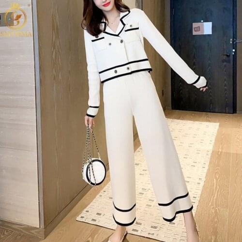 SMTHMA 2021 New Spring Knitted Two Piece Set Women Long Sleeve Double Breasted Sweater +Wide Legs Pants Suit Outfits