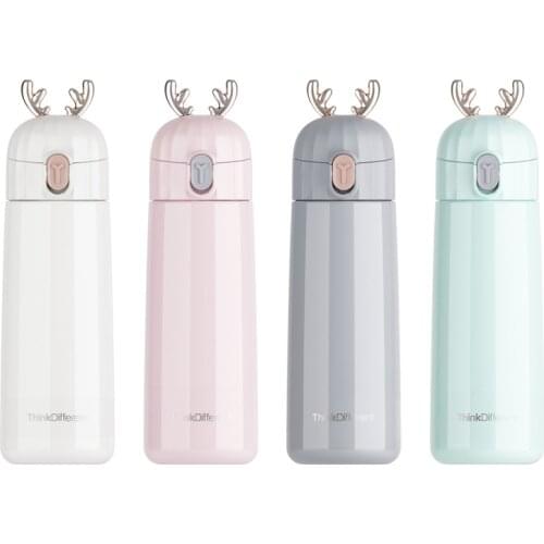 Water bottle with straw Cute deer Double Wall Thermos Water Bottle Stainless Steel Vacuum Flasks Thermal Coffee Tea Milk