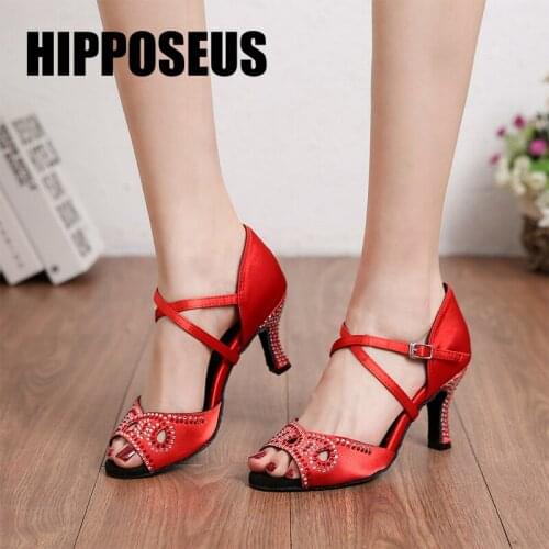 HIPPOSEUS Ballroom Girls Dance-Shoes Women Latin Dance Shoes Ladies Modern Tango Jazz Red Dancing Shoes Rhinestone Salsa Sandral