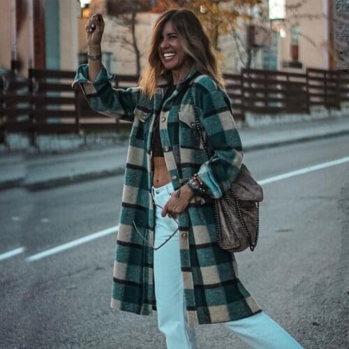 Green Plaid Loose Long Sleeve Women Coat Casual Streetwear Turn Down Collar Pocket Female Jacket Autumn Patchwork Tops 2021