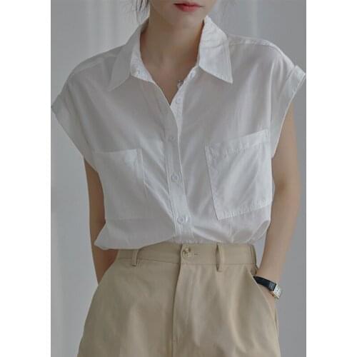 QOERLIN White Shirt Women Summer Light Thin Loose Casual Sleeveless Tank Top Female Two Pockets Single-Breasted Blouse Plus Size