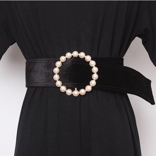 Womens runway fashion pearl buckle velvet pu Cummerbunds female Dress Corsets Waistband Belts decoration narrow belt TB1214