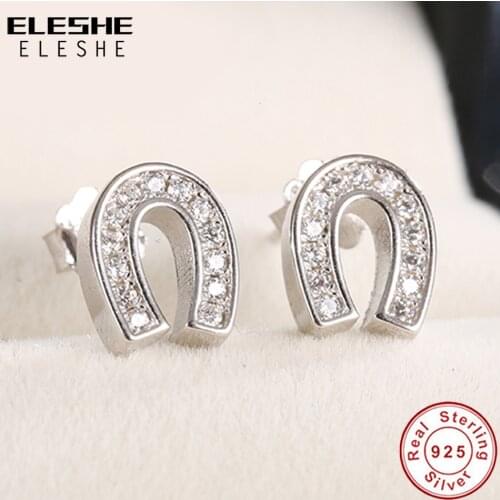 ELESHE Authentic 925 Sterling Silver Horseshoe U Shape Hook Stud Earrings for Women Silver Earrings Crystal CZ Fashion Jewelry