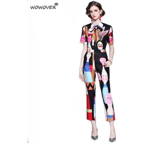 Elegant Cartoon Print Suit Summer Women Runway Two Piece Set Fashion Short Sleeve Shirt and Pants Set Vintage Sweet Outfits