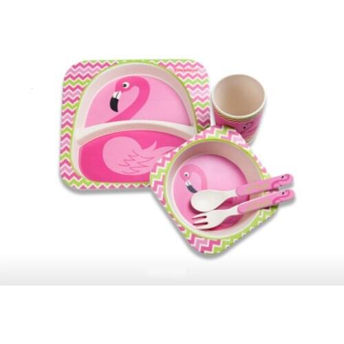 5pcs Baby Dish Children Natural Bamboo Fiber Dinnerware with baby plate bowl fork cup spoon Kids Cartoon Animal Feeding Dishes