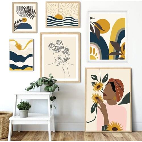 Abstract Line Woman Flower Leaf Sun Ocean Wall Art Canvas Painting Nordic Posters And Prints Wall Pictures For Living Room Decor