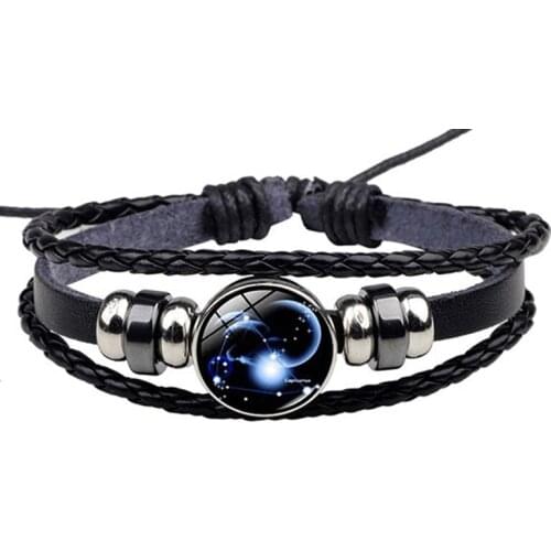 Leather bracelet for women couple bracelet stainless steel chain Twelve constellations men bracelet male accessorie boho Jewelry