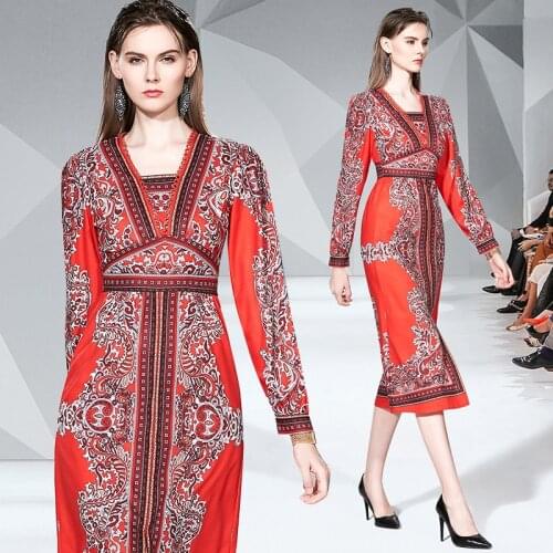 Summer Split Vintage Dresses Print Square Collar Summer Long Sleeve Medium Dresses Vestido Corto Para Verano Mujer De Moda 2021