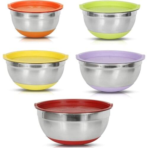 FQYL 5Pcs Mixing Bowl with Lids Set, Stainless Steel Salad Mixing Bowl, Salad Bowl with Silicone Bottom for Kitchen Cooking