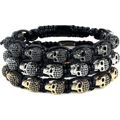 Luxury Men Fashion Black CZ Skull Head Braided Macrame Mens Jewelry bangle bracelet