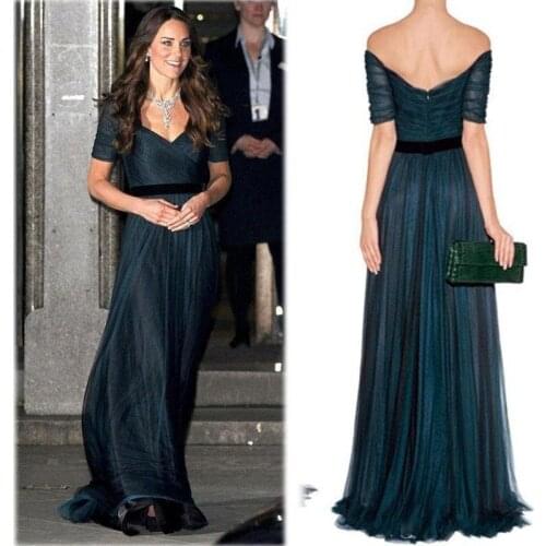 Kate Middleton A Line Celebrity Dresses Evening Dress Ink Blue Sweetheart Off Shoulder Ruched Tulle Prom Dresses with Belt