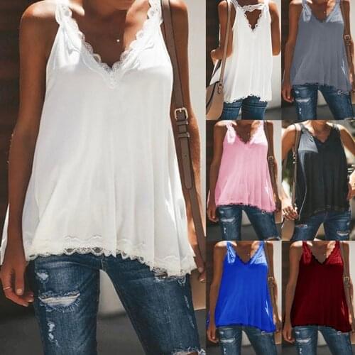 Plus Size Casual Women Solid Color Lace Sleeveless V Neck Loose Vest Tank Top New Chic Vintage