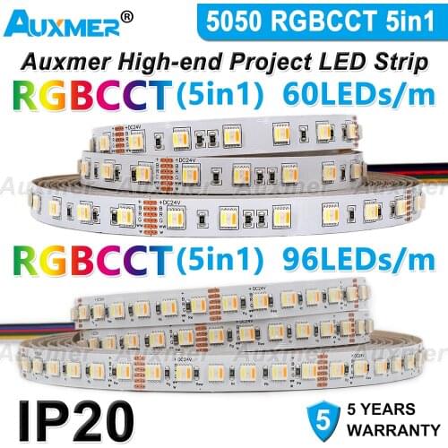 5050 RGBCCT 96LEDs/m LED Strip,5in1,IP20,38.4W/m,LED StripsCCT 2400K~6500K,Adjustable temperature, Indoor use,KTV, DIY