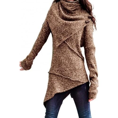 Vintage Women Autumn Winter Turtleneck Knitted Sweater Irregular Hem Slim Jumper Solid Color Long Sleeves Womens Coat Tops