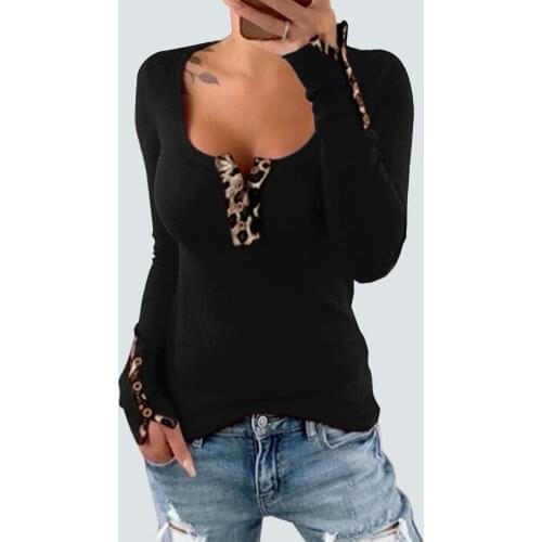 Women Sexy Leopard Button Scoop Neck Long Sleeve Slim Cotton T-Shirt Ladies T-shirt Casual Tops