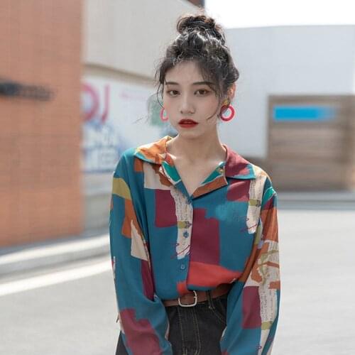 2021 Spring Vintage Long Sleeve Women Blouse Tunic Shirt Notched Collar Ladies Shirts Patchwork Loose Button Up Female Tops