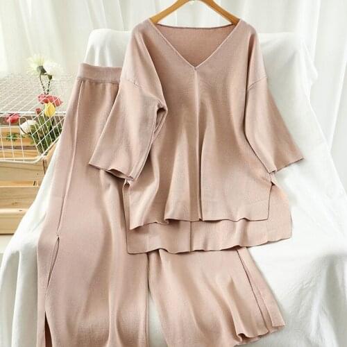 Abrini Women Autumn Tracksuits Knitted Long Pants and tops For Women Two Pieces Sets Women Casual V-Neck Loose Elastic Outfits