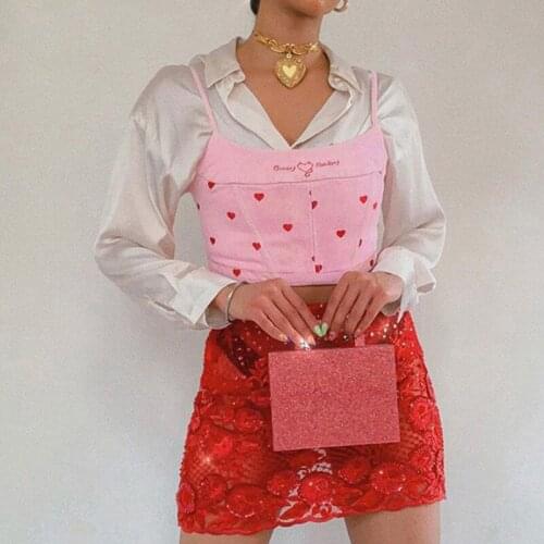 SEASONS 2000s Aesthetics Pink Heart Print Croset Tops Y2K Vintage Backless Embroidery Spaghetti Strap Cami Tops Kawaii ASVE82578