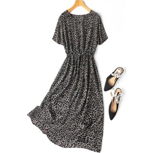 Womens 100% Silk luxury Fashion Heavy Long Dress Half Sleeve Elegant Round Neck Fashion Gray Leopard Prints One Size L1181