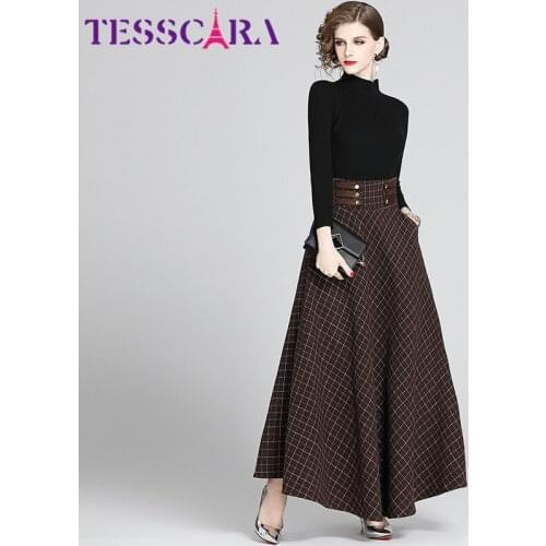 TESSCARA Women Autumn Winter Elegant Dress Suit Female Designer Long Maxi Office Party Robe High Quality Vintage Plaid Vestidos
