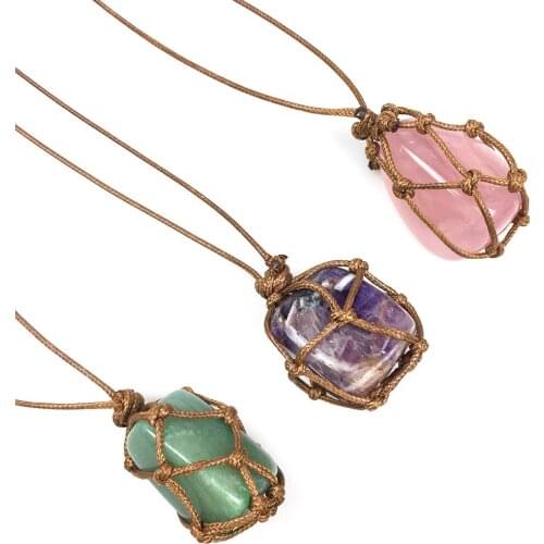 Natural Stone White Purple Pink Crystal Hand Weave Necklace Rose Quartz Amethyst Pendant Sweater Chain Women Jewelry