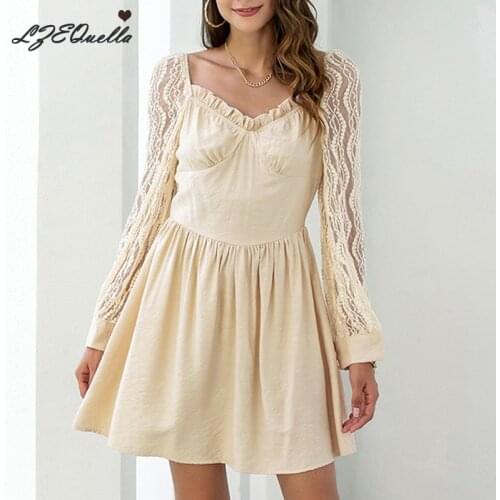 2021 Women Ruffles V Neck Lace Patchwork Dress Mini Holiday Beach Sundress Long Sleeve Ladies Party Dresses Vestidos NZ3228