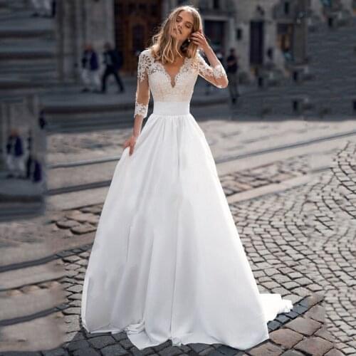 Boho Wedding Dress 2021 Lace Appliques V Neck 3/4 Sleeves Bridal Gowns Beach Satin Vestidos De Novia Sweep Train Robe De Mariage
