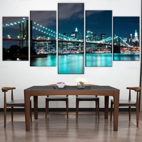 5 Piece New York Wall Art Blue Brooklyn Bridge Night View Pictures Canvas Prints for Home Living Room Decor Nyc Artwork Framed