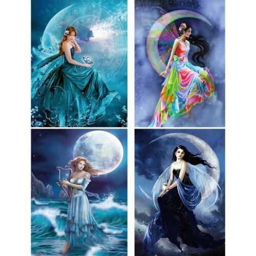 5D DIY Diamond Painting Moon Elf Girl Full Round Drill Mosaic Wall Art Picture of Rhinestone Home Decoration Birthday Gift