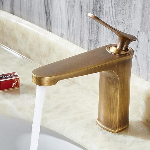 Antique Brass Bathroom Basin Faucets Sink Mixer Taps Hot & Cold Single Handle Deck Mounted Lavatory Crane Vessel Free Shipping
