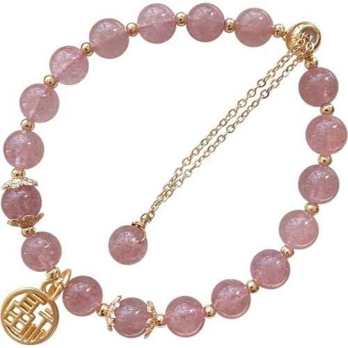 Peach Blossom Strawberry Natural Crystal Bracelets Round Beads With Blessing Pendant Sweet Bracelet for Girl Gift Jewelry