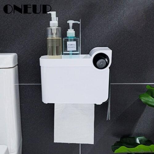 ONEUP Punch-free Roll Paper Dispenser Wall Mounted Tissue Box Toilet Paper Holder Wth Garbage Bag Storage Bathroom Accessories