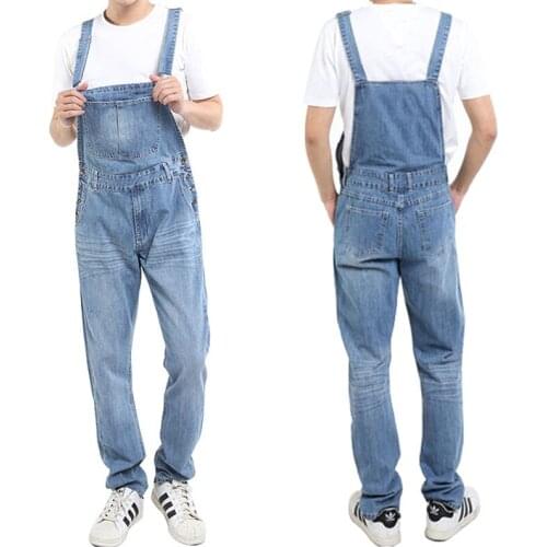 Spring Loose Jeans Men Overalls Bib Denim Jumpsuits Straight Workwear Pants Street Hip Hop Light Blue Casual Trousers Size 5XL
