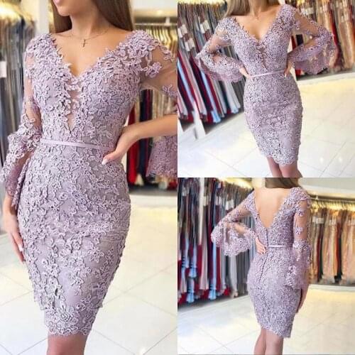 Elegant Lavender Prom Dresses V-Neck Full Sleeves Belt Sheath Knee length Lace Appliques Wedding Cocktail Evening Gowns Mermaid