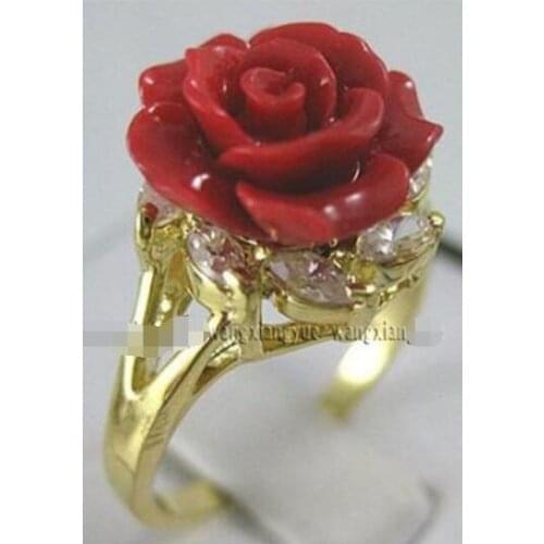 Good >>Charming!Hand Carved Red Coral Flower Ring size: 7 8 9