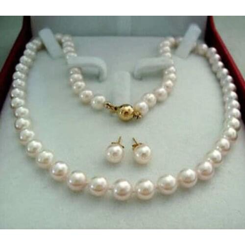 8-9MM Real Natural White Akoya Cultured Pearl GP necklace earrings set AAA