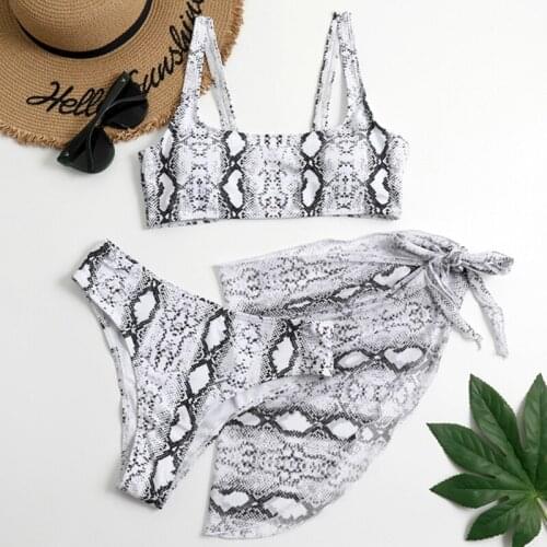 Sexy 3pcs Swimsuit Set Women Snakeskin Print Bikini Padded Bra High Waist Thong Bathing Suit with Mesh Sarong Cover Up