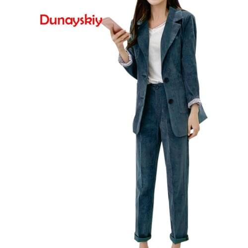 2021 Spring New Pant Suits Womens Cotton Blazer Two Piece Sets Notched Collar Casual Female Clothing Green Single Breasted