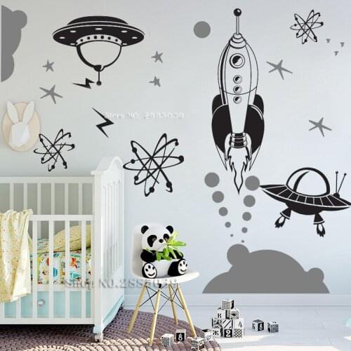 Hot Selling Retro Outer Space Decal Atomic Rocket Ship, Wall Vinyl Decals DIY self-adhesive Bedroom Home Decoration Set LC1799