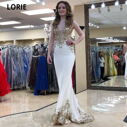 LORIE Gold Sequined Lace Appliqued Evening Dresses V Neck Elegant White Prom Party Gowns Floor Length Formal Dress Plus Size