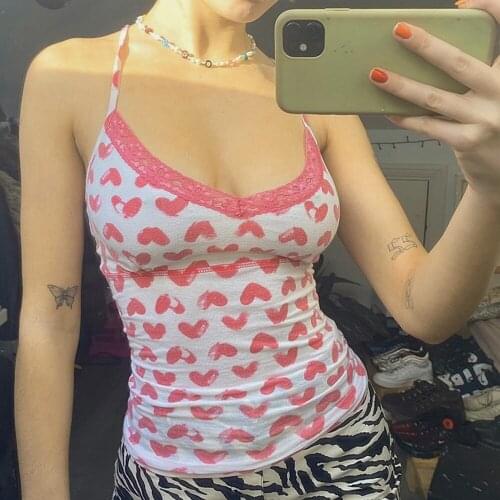 Sweet Women Girls Love Heart Printed Lace Camis Tops Lace Ruffles Cute Strap Bustier Lingerie Bralette Camisole Summer Crop Top