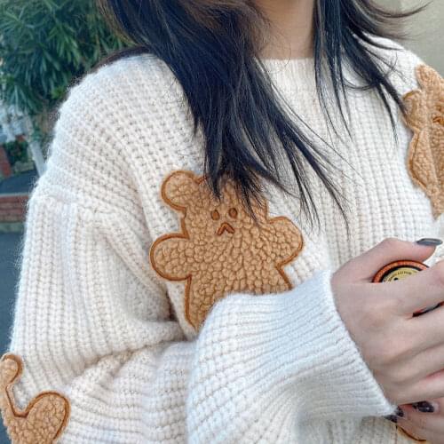 Cute Loose Warm Round Neck Tops Harajuku Vintage Casual Korean Version Bear Biscuit Embroidery Fun Kawaii Women Knitted Sweater