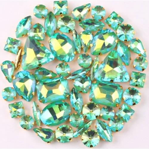 Gold claw setting 50pcs/bag shapes mix jelly candy Emerald AB glass crystal sew on rhinestone wedding dress shoes bags diy