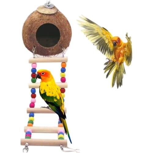 Natural Coconut Shell Bird Nest House Hut Cage Feeder Pet Parrot Paraqueet Suspension Bridge Toy