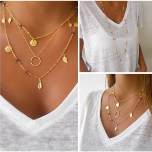 FSUNION 2020 New Fashion Gold Silver Color Chain Leaves Multi Layer Pendant Necklace for Women Collier Femme Jewelry Gifts