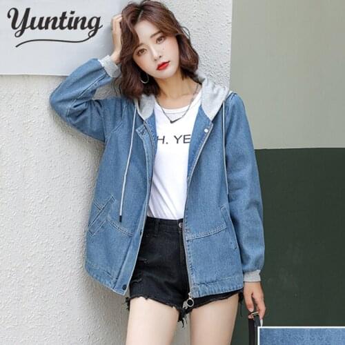 Solid Turn-Down Collar Classic Blue Hooded Jacket For Female Loose Casual Women Outwear Denim Pockets Coats