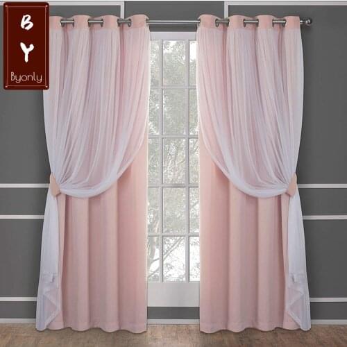Pink Blackout Curtains for Living Room Eyelet Gray Thermal Insulated White Sheer Curtain Window Treatments for Princess Bedroom