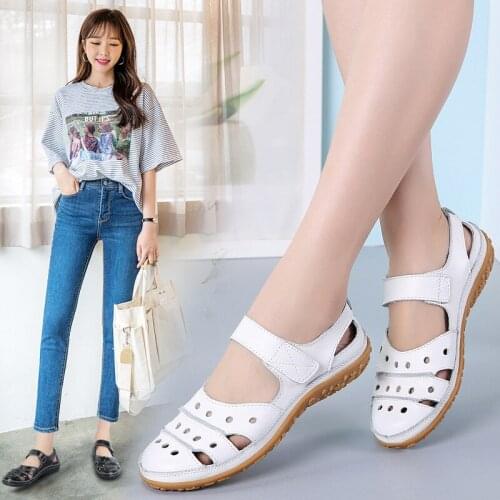 New womens sandals large size hollow hole shoes genuine leather mother shoes womens single shoes breathable nurse white shoes
