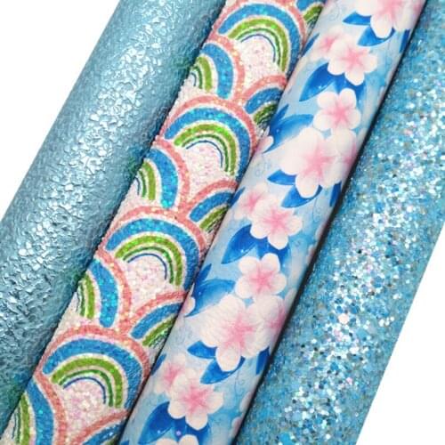 Blue Glitter leather, Rainbow Printed Glitter Faux leather, Flowers Printed Faux Leather Sheets For Bows DIY 21x29CM KM815