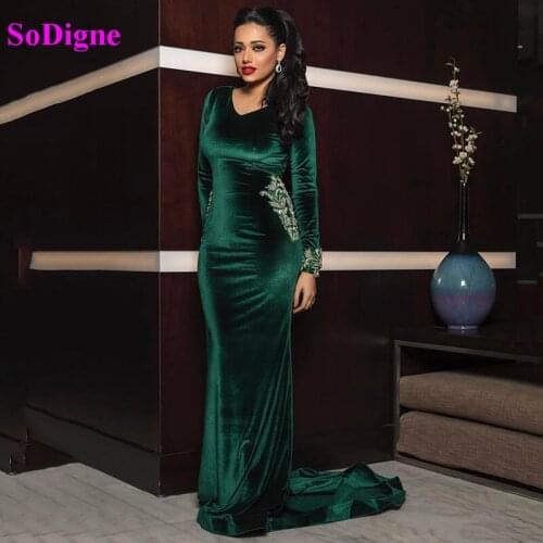 SoDigne Arabic Mermaid Evening Dresses Sexy Green Lace Long Sleeves Prom Dresses Velvet Formal Party Gowns robes de soiree